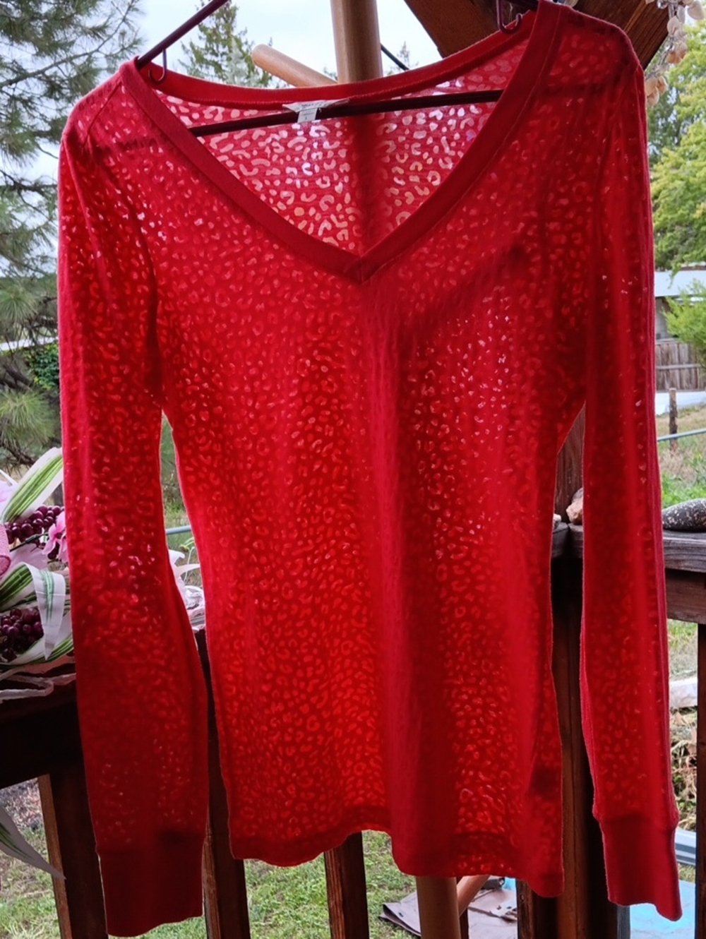 Energie Red Sheer Leopard-Texture V-Neck Long Sleeve Top